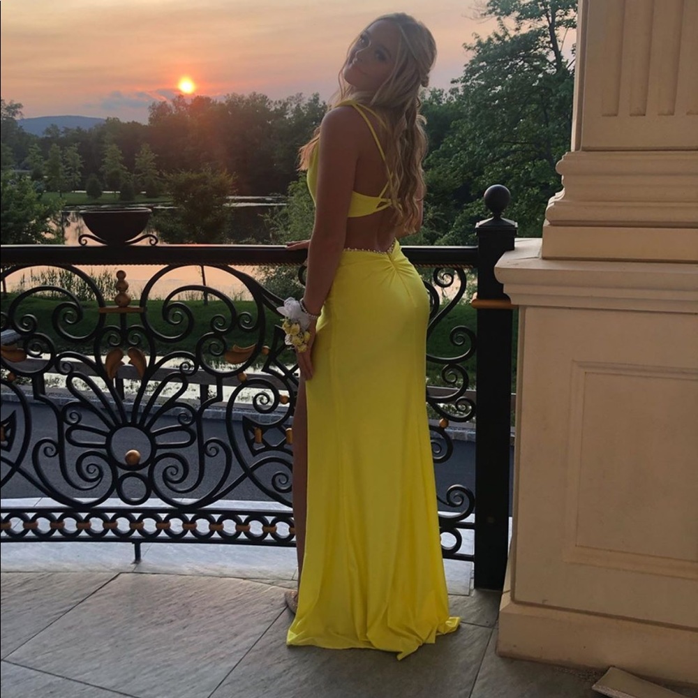 yellow prom dress with slit rouge and train back